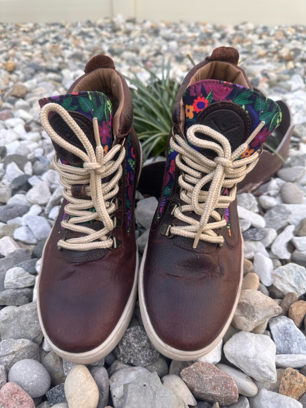 Brown Leather Floral High-Top Sneakers with Cream Laces